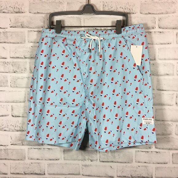 Public Art Swim Shorts Green Size L Drawstring Liner Elastic Popsicle Print NWT - Picture 1 of 7